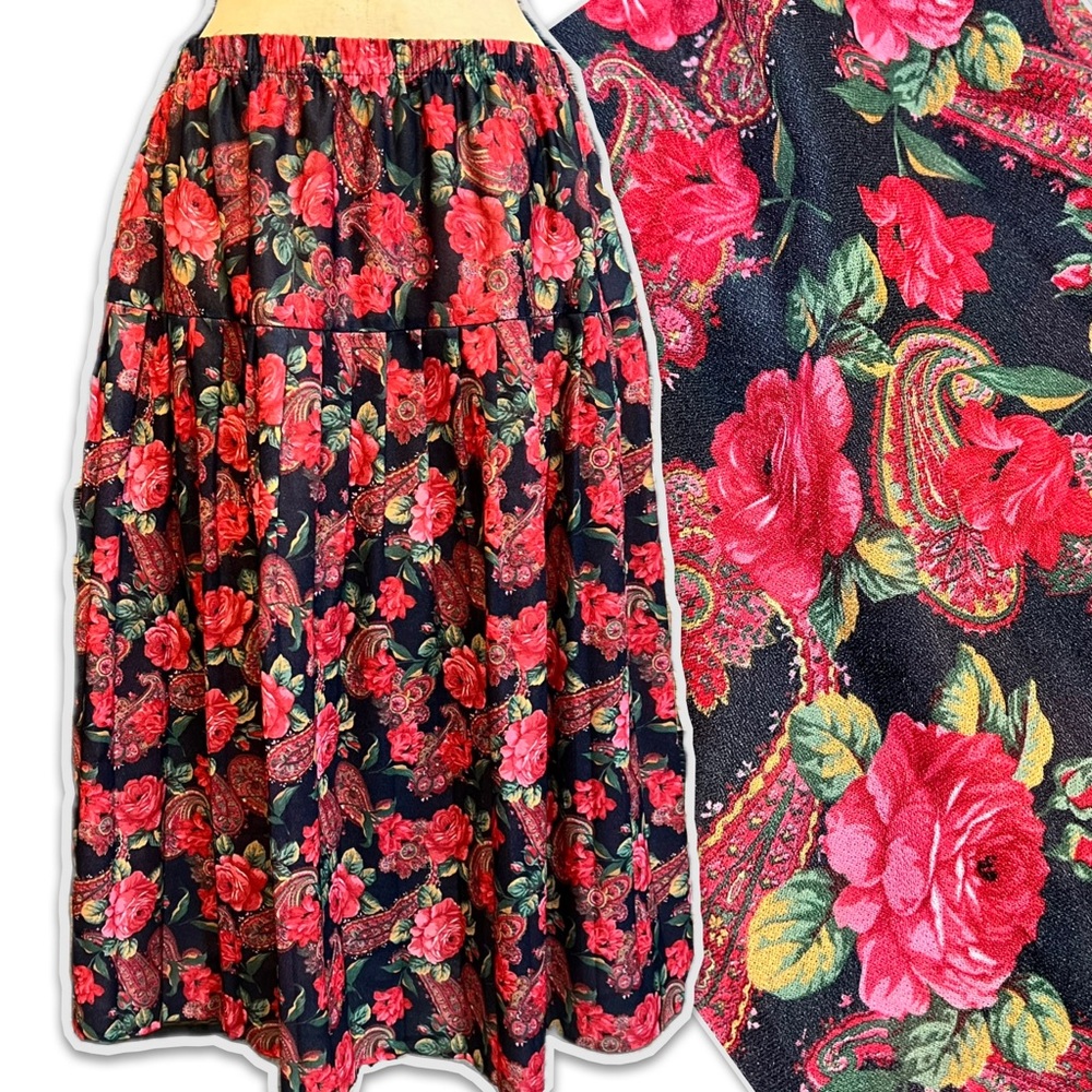 VINTAGE rose garden pleated midi skirt elastic waist Victorian moody floral 80s‎